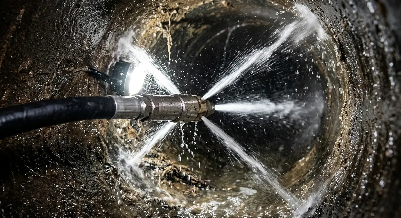 High-pressure hydro jetting nozzle cleaning sewer pipe for Sewer Cleanout in Deming