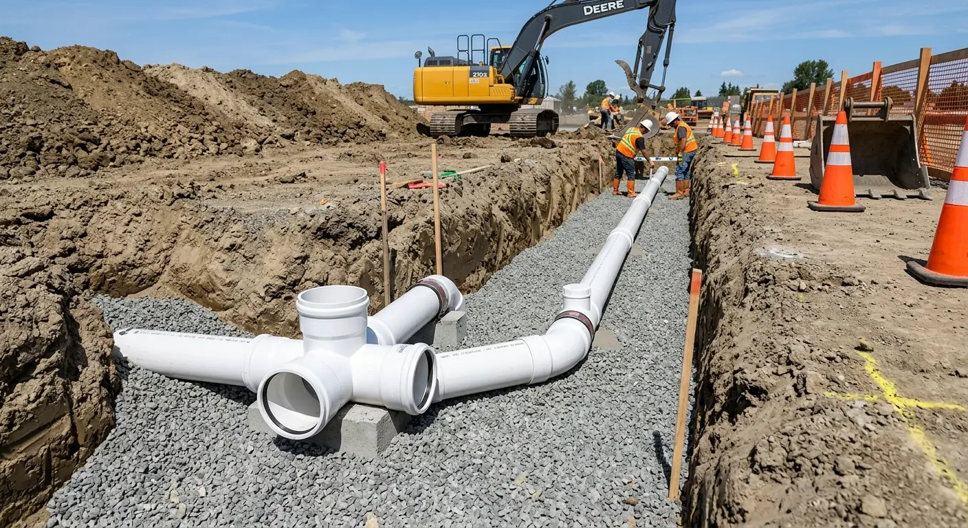 New PVC sewer pipe installation in open trench for Sewer Backup in Deming